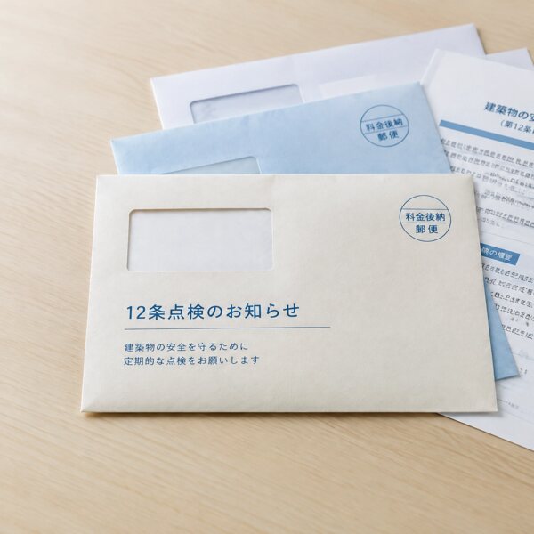 特定行政庁から所有者・管理者あてに届く「建築基準法第12条 定期報告について」の定期報告のご案内（通知）のイメージ